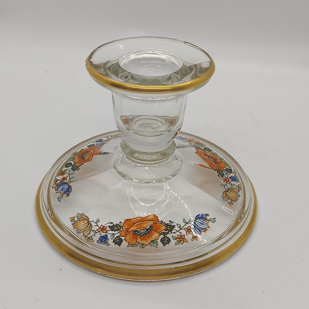 Pair Tiffin Glass 93 Reverse Painted Poppy Candlestick Holders Vintage Art Deco